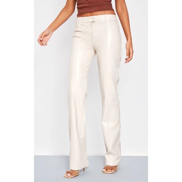 Tall Cream Faux Leather Low Rise Textured Straight Leg Pants