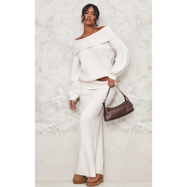 Tall Cream Fold Over Knitted Maxi Skirt