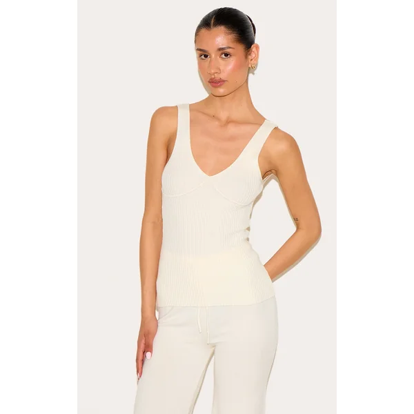 Tall Cream Knitted Ribbed Longline Tank Top