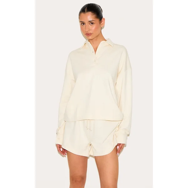 Tall Cream Loopback Oversized Polo Detail Sweatshirt