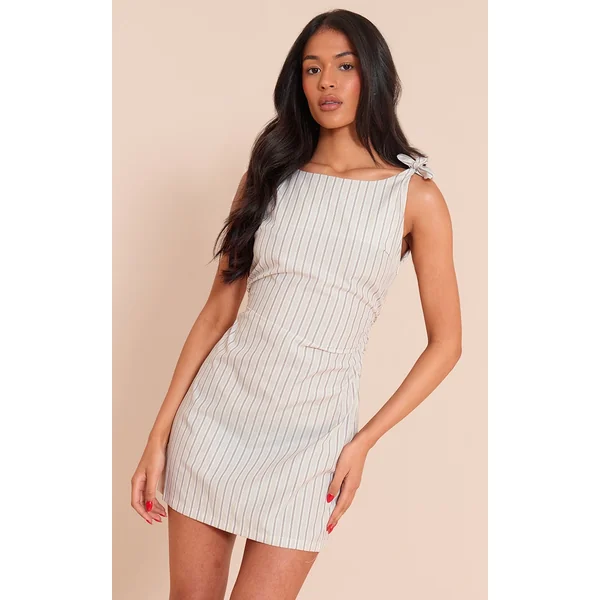 Tall Cream Pinstripe Tie Detail Ruched Mini Dress