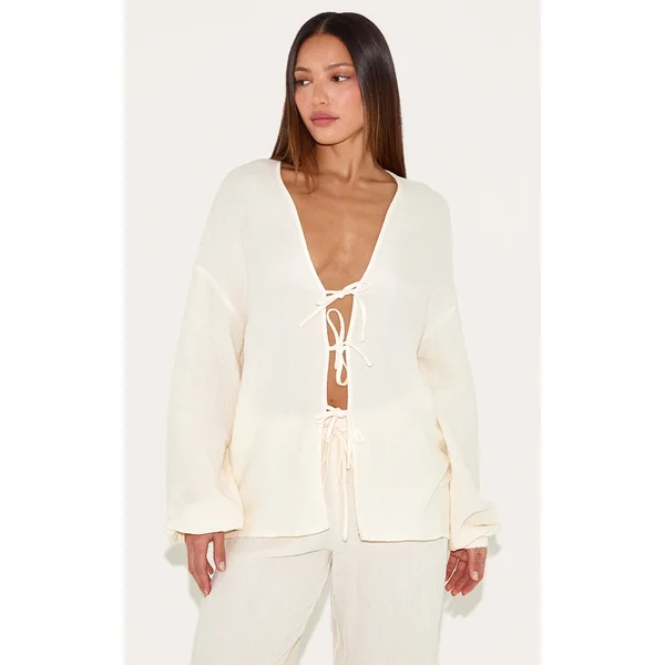 Tall Cream Textured Cheesecloth Tie Front Shirt