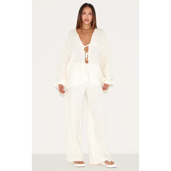 Tall Cream Textured Cheesecloth Wide Leg Pants