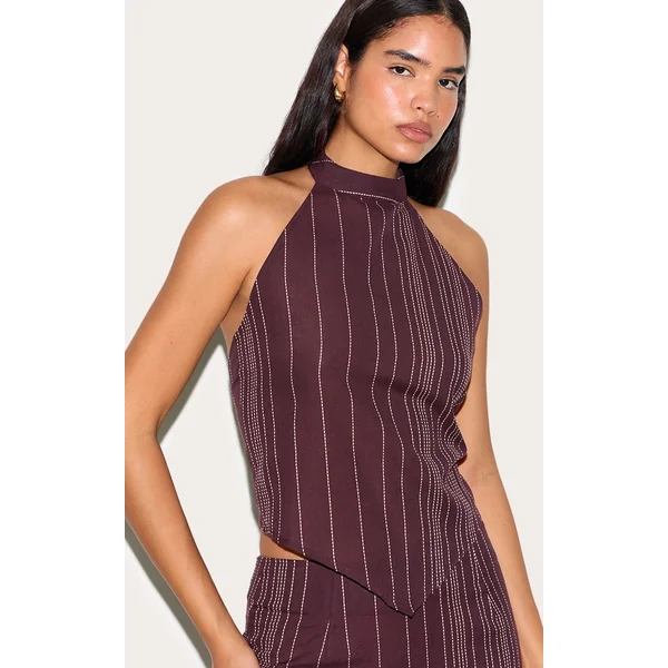 Tall Dark Brown Embroidered Stripe Halterneck Top