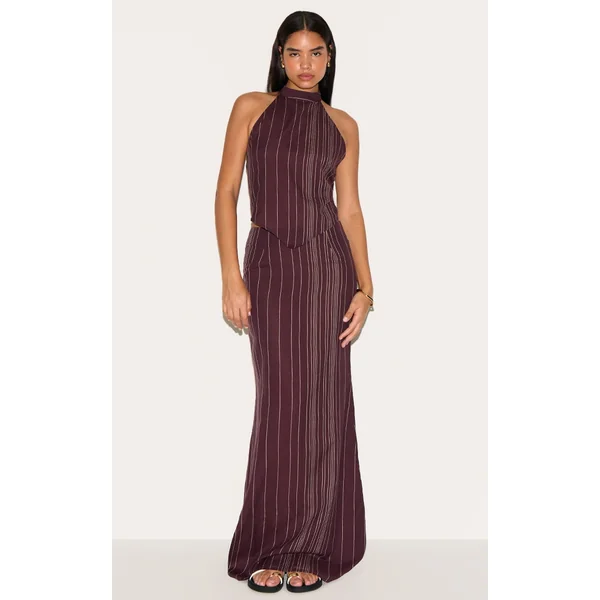 Tall Dark Brown Embroidered Stripe Maxi Skirt