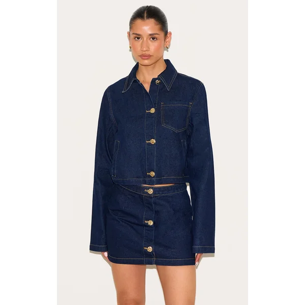 Tall Dark Indigo Button Trim Long Sleeve Denim Shirt