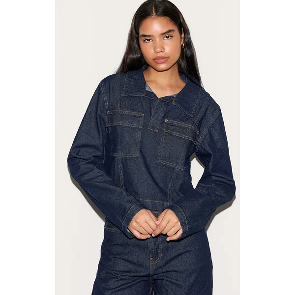 Tall Dark Indigo Long Sleeve Denim Rugby Shirt