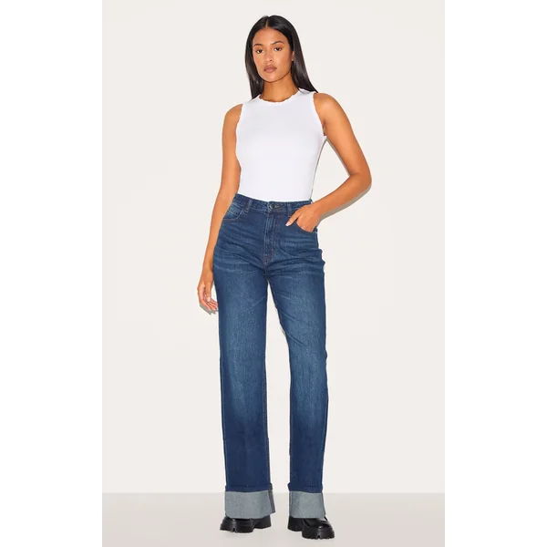 Tall Dark Indigo Mid Rise Distressed Turn Up Hem Jeans