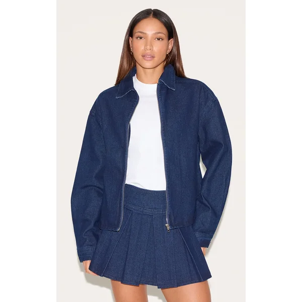 Tall Dark Indigo Zip Up Collared Oversized Denim Shirt