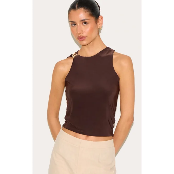 Tall Deep Chocolate Double Layer Slinky Trim Detail Long Vest Top