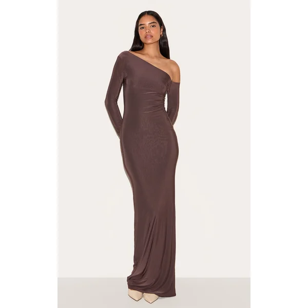 Tall Deep Chocolate Double Slinky Asymmetric Neckline Maxi Dress