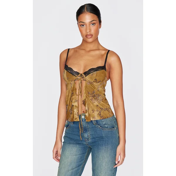 Tall Green Devore Lace Trim Strappy Long Top