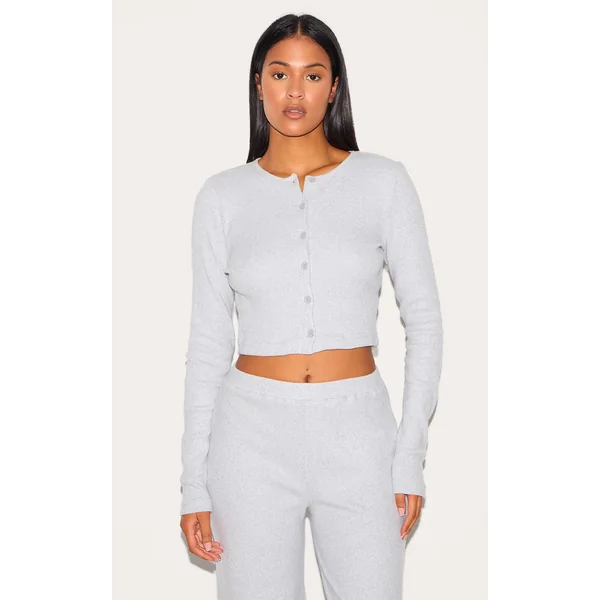 Tall Grey Marl Brushed Rib Button Front Cardigan