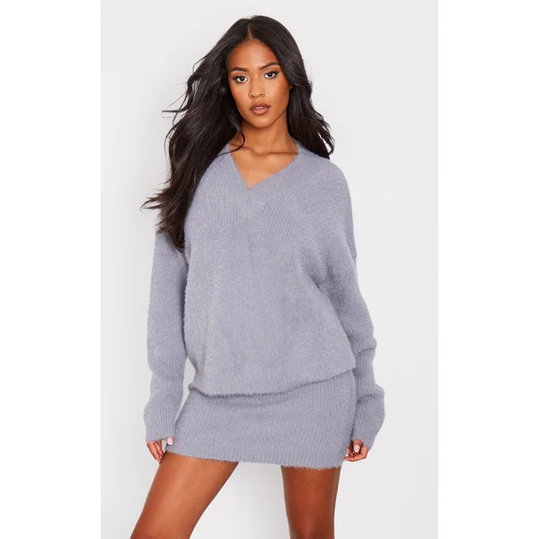 Tall Grey Marl Fluffy Knitted V Neck Sweater