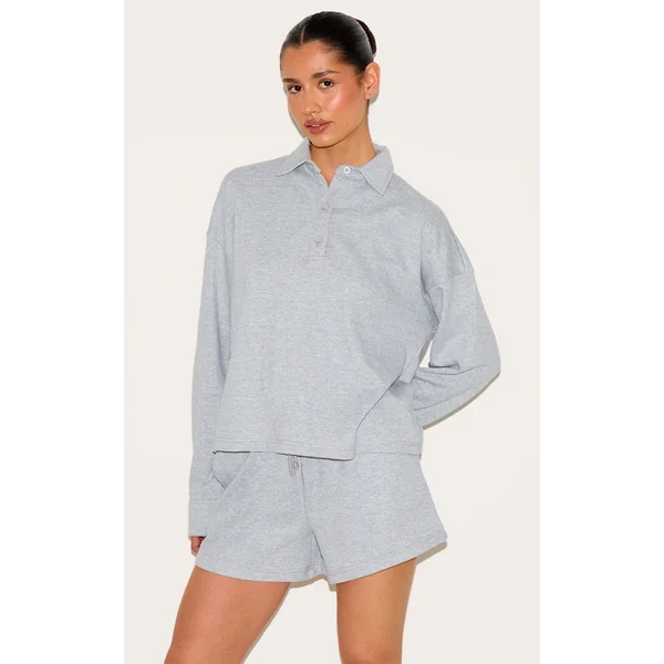 Tall Grey Marl Loopback Oversized Polo Detail Sweatshirt
