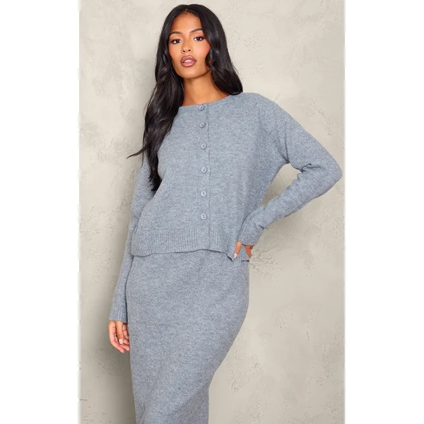 Tall Grey Melange Soft Knit Basic Button Up Cardigan