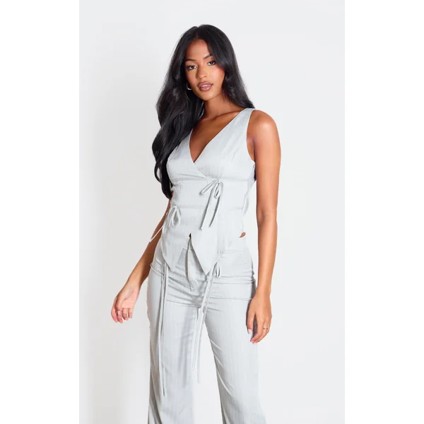 Tall Grey Pinstripe Tie Front Detail Crop Top