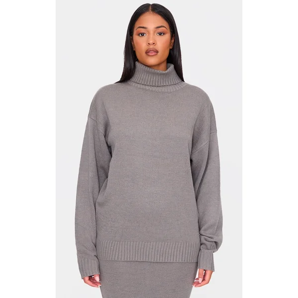 Tall Grey Soft Knit Roll Neck Oversized Sweater