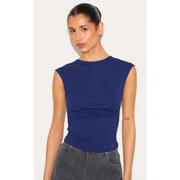 Tall Indigo Soft Cotton Ruched Side Sleeveless Top