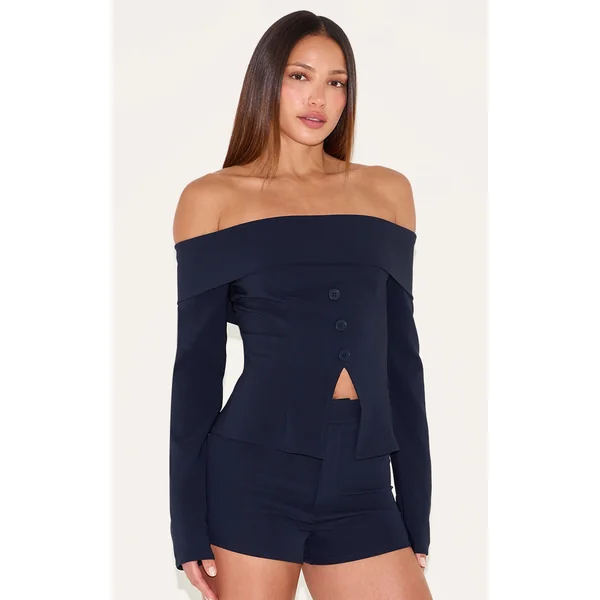 Tall Indigo Tailored Bardot Long Sleeve Button Top