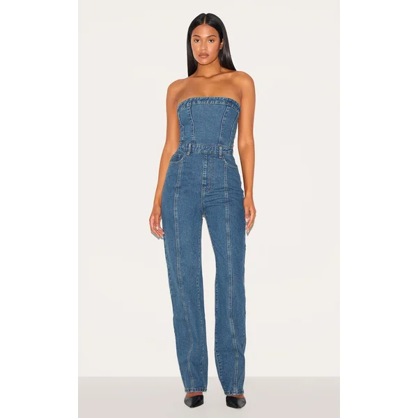 Tall Indigo Vintage Wash Bandeau Style Straight Leg Denim Jumpsuit