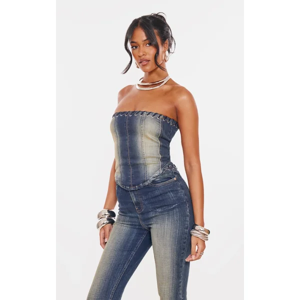 Tall Indigo Vintage Wash Eyelet Detail Denim Corset Top