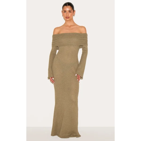 Tall Khaki Textured Extreme Bardot Long Sleeve Maxi Dress
