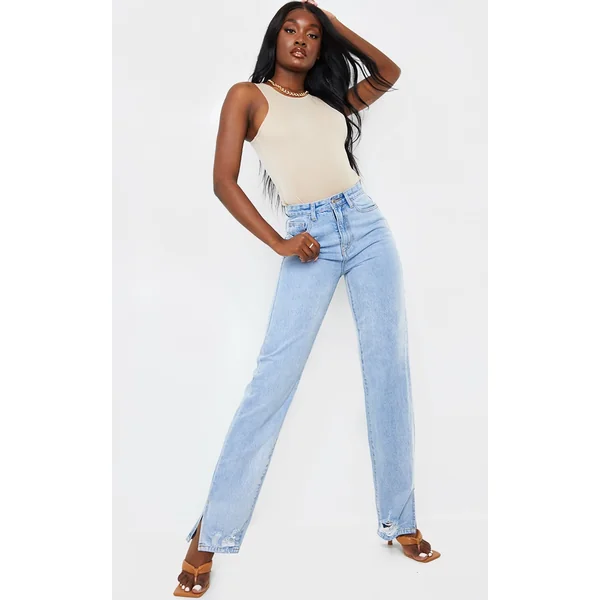 Tall Light Blue Wash Ripped Split Hem Straight Leg Jeans