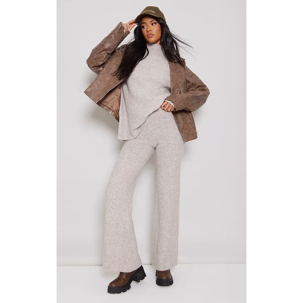 Tall Light Brown Luxe Rib Knit Wide Leg Pants