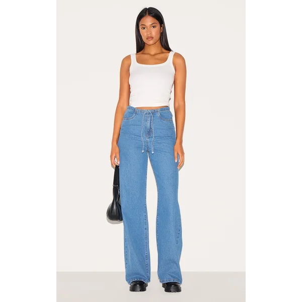 Tall Mid Blue Wash Low Rise Tie Waistband Wide Leg Jeans