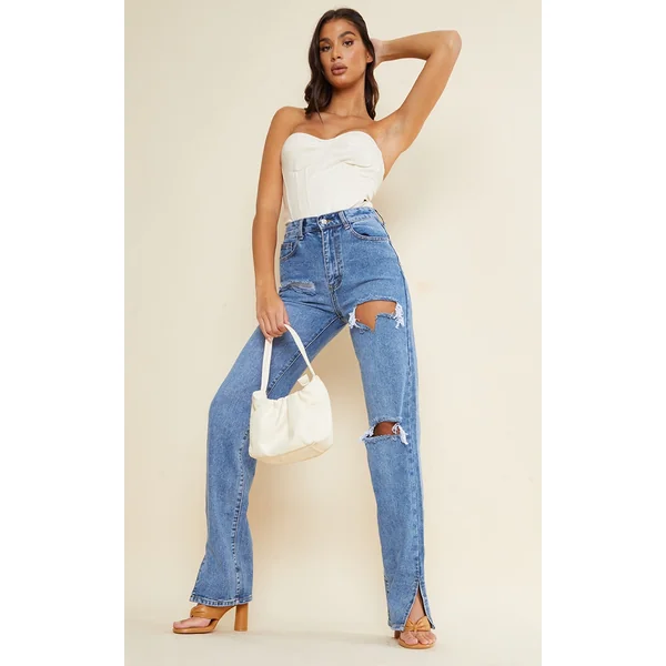 Tall Mid Blue Wash Ripped High Waist Split Hem Jeans