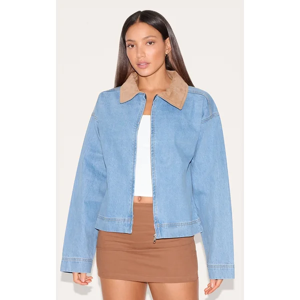 Tall Mid Blue Wash Suede Collar Denim Bomber Jacket