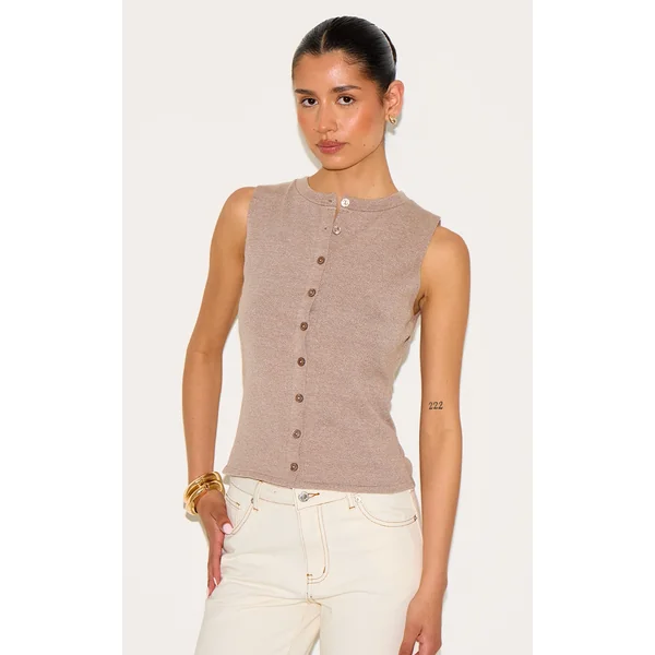 Tall Mocha Button Through Sleeveless Top