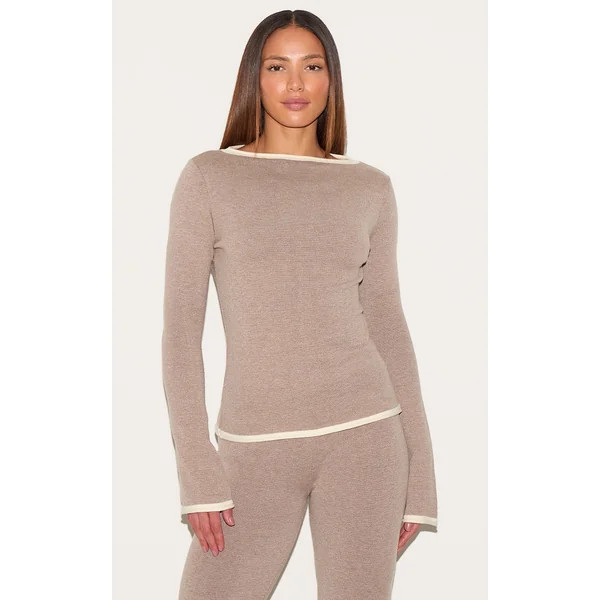 Tall Mocha Contrast Detail Long Sleeve Knit Sweater
