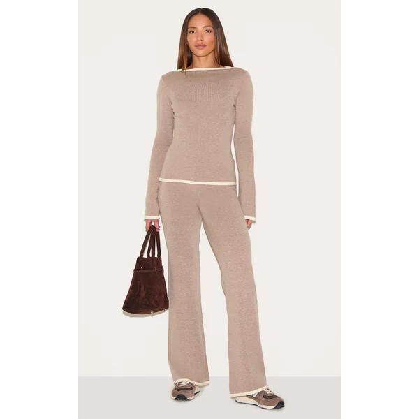 Tall Mocha Contrast Detail Wide Leg Pants
