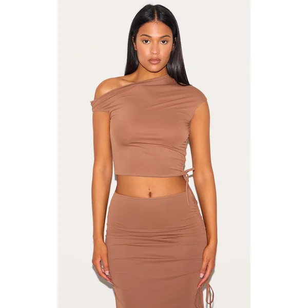 Tall Mocha Off Shoulder Ruched Crop Top