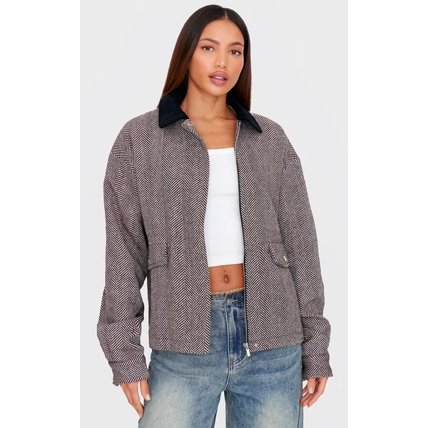 Tall Monochrome Herringbone Contrast Collar Jacket