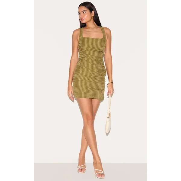 Tall Moss Green Check Ruched Mini Skirt