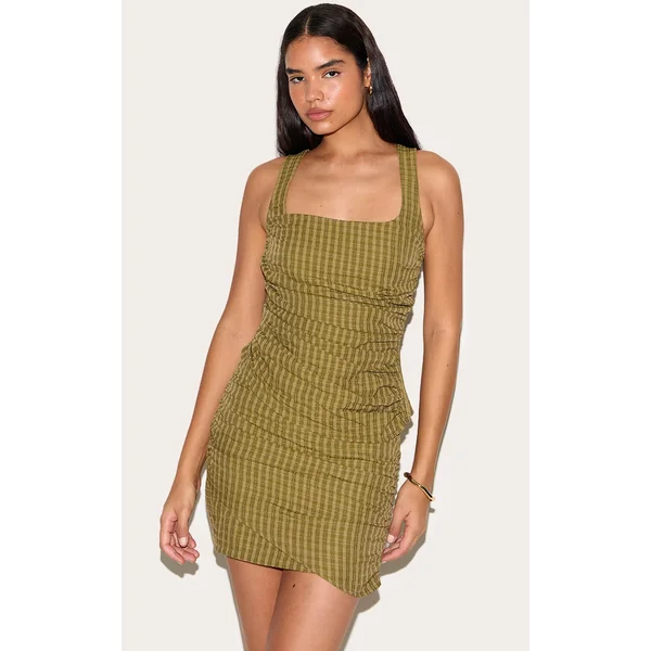 Tall Moss Green Check Square Neck Ruched Top