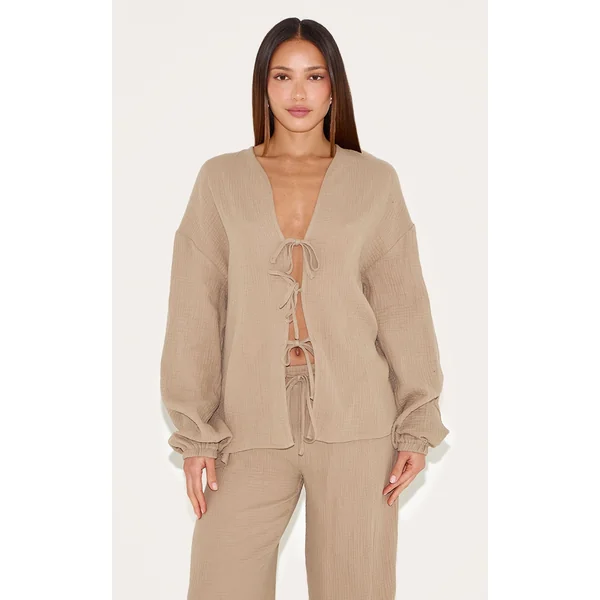 Tall Mushroom Textured Cheesecloth Tie Front Shirt