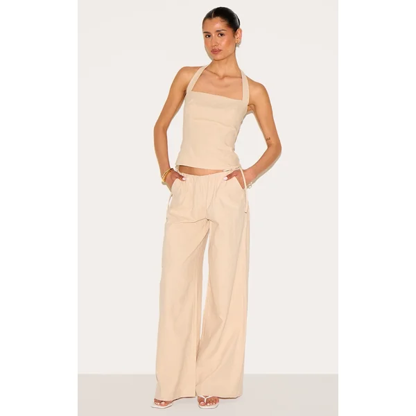 Tall Natural Premium Linen Look Side Tie Detail Wide Leg Pants