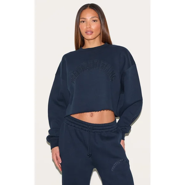 Tall Navy Distressed Detail Varsity Cropped Sweatshirt