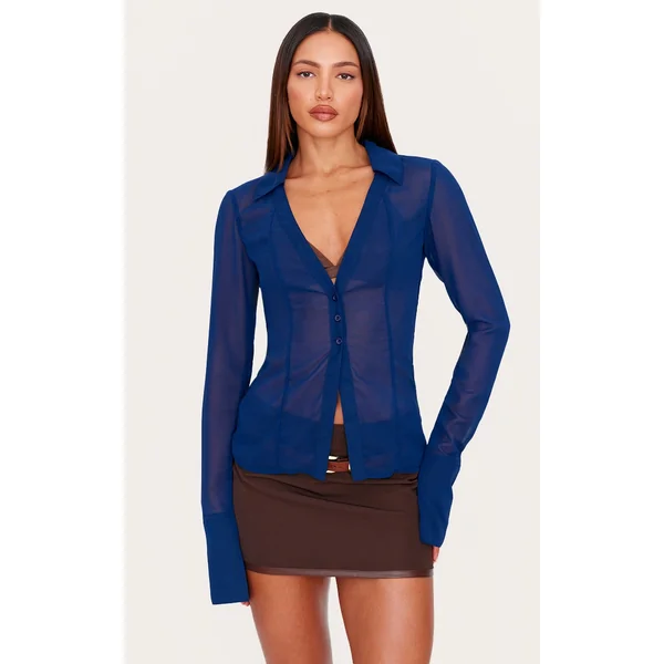 Tall Navy Mesh Button Front Blouse