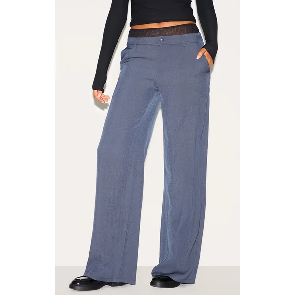 Tall Navy Mesh Contrast Waistband Wide Leg Pants