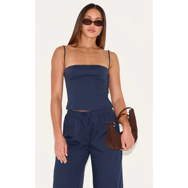 Tall Navy Square Neck Woven Crop Top