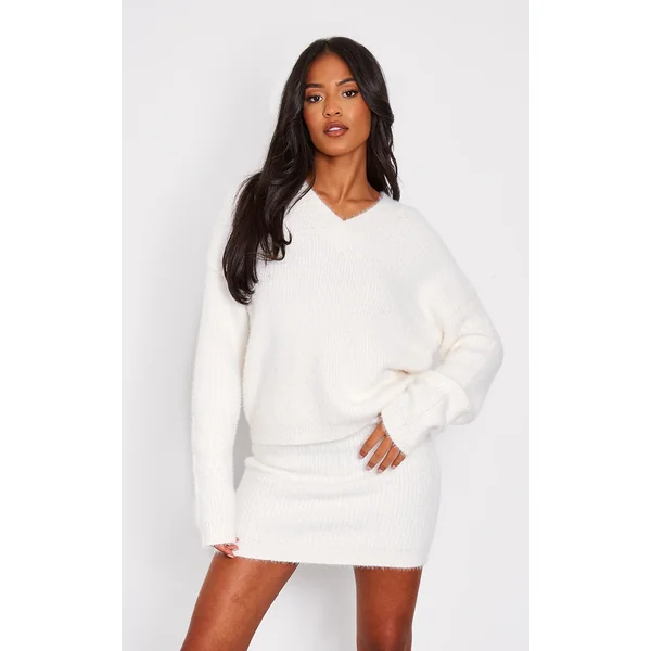 Tall Oatmeal Fluffy Knitted V Neck Sweater