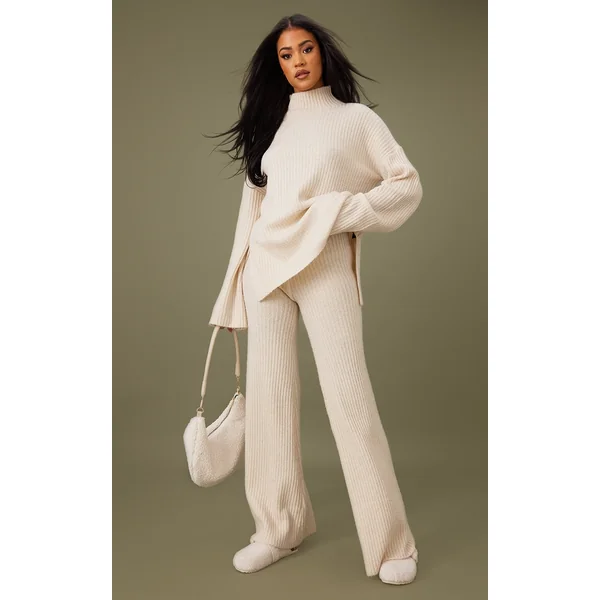 Tall Oatmeal Luxe Rib Knit Wide Leg Pants