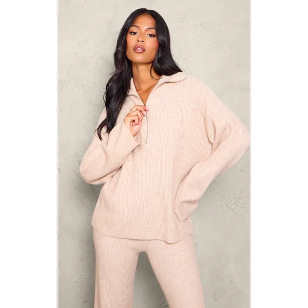 Tall Oatmeal Rib Knit Quarter Zip Long Sleeve Sweater