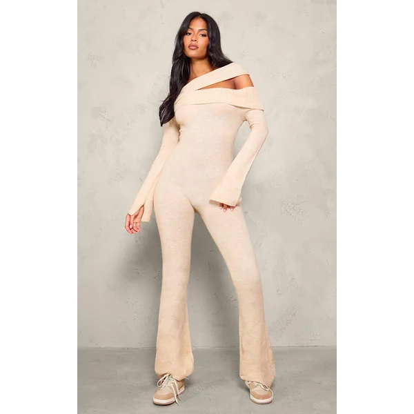 Tall Oatmeal Soft Knit Bardot Foldover Asymmetric Neck Jumpsuit