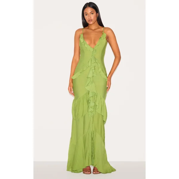Tall Olive Frill Textured Maxi Dress